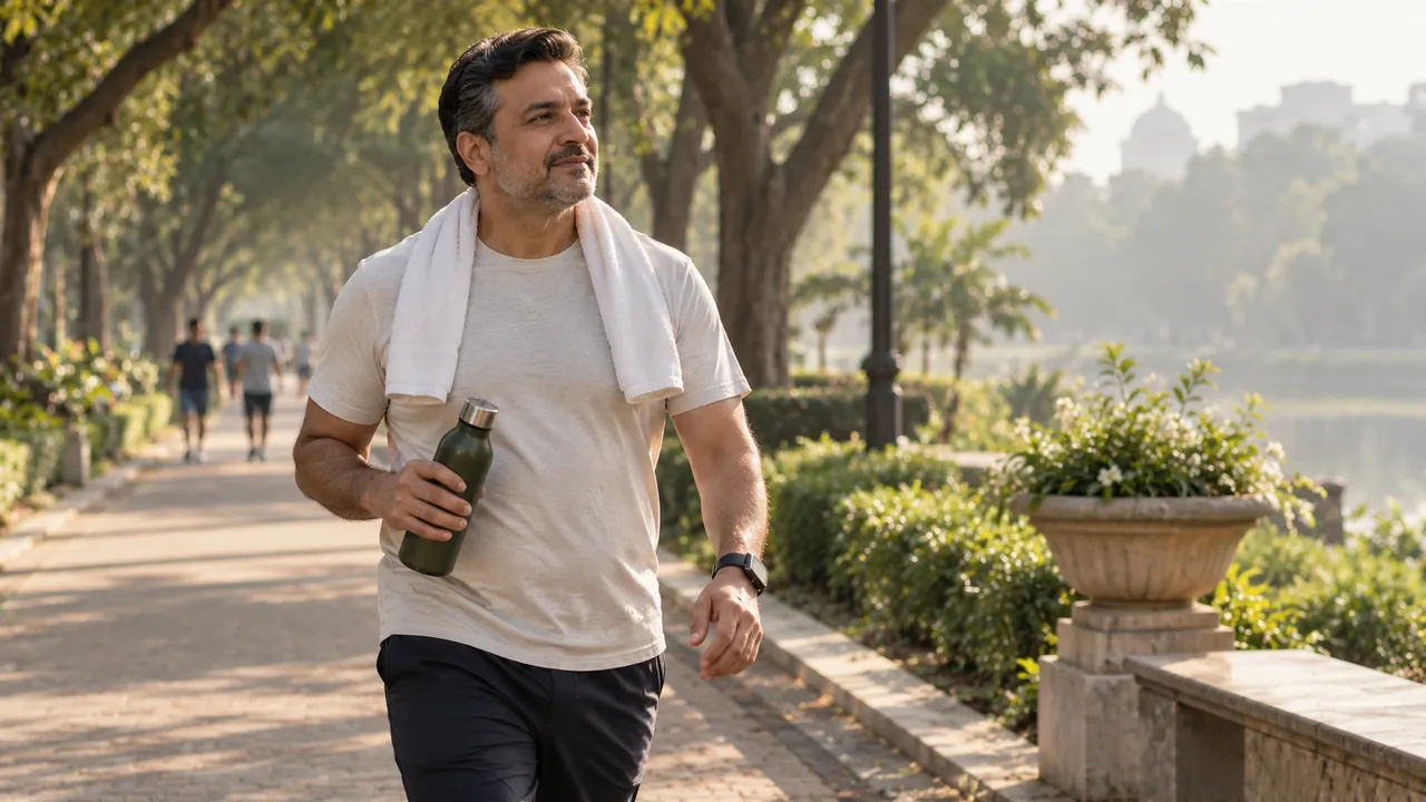 A middle-aged Indian man on a brisk morning walk in a city park