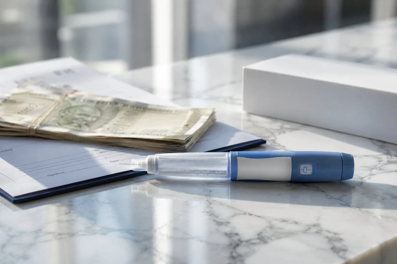 Ozempic injection pen next to Indian rupee notes on a marble surface