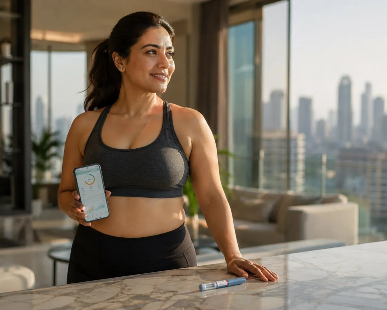 Glucometer showing a normal reading beside healthy Indian food