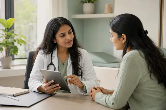 A woman in a consultation discussing her PCOS diagnosis with a doctor
