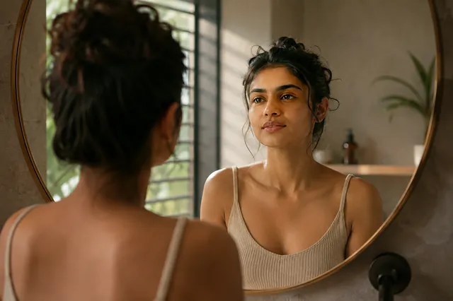 A woman looking thoughtfully at her reflection, representing PCOS symptoms beyond weight