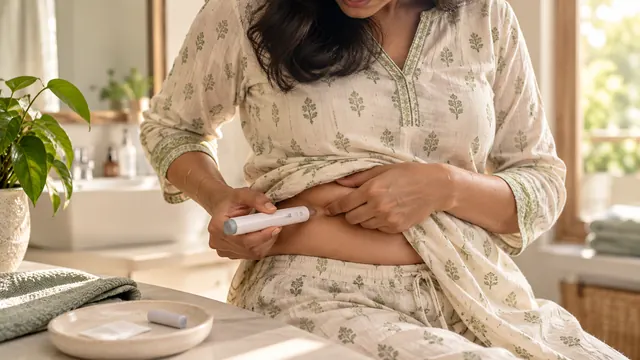 A woman at home injecting a weekly semaglutide pen into her abdomen