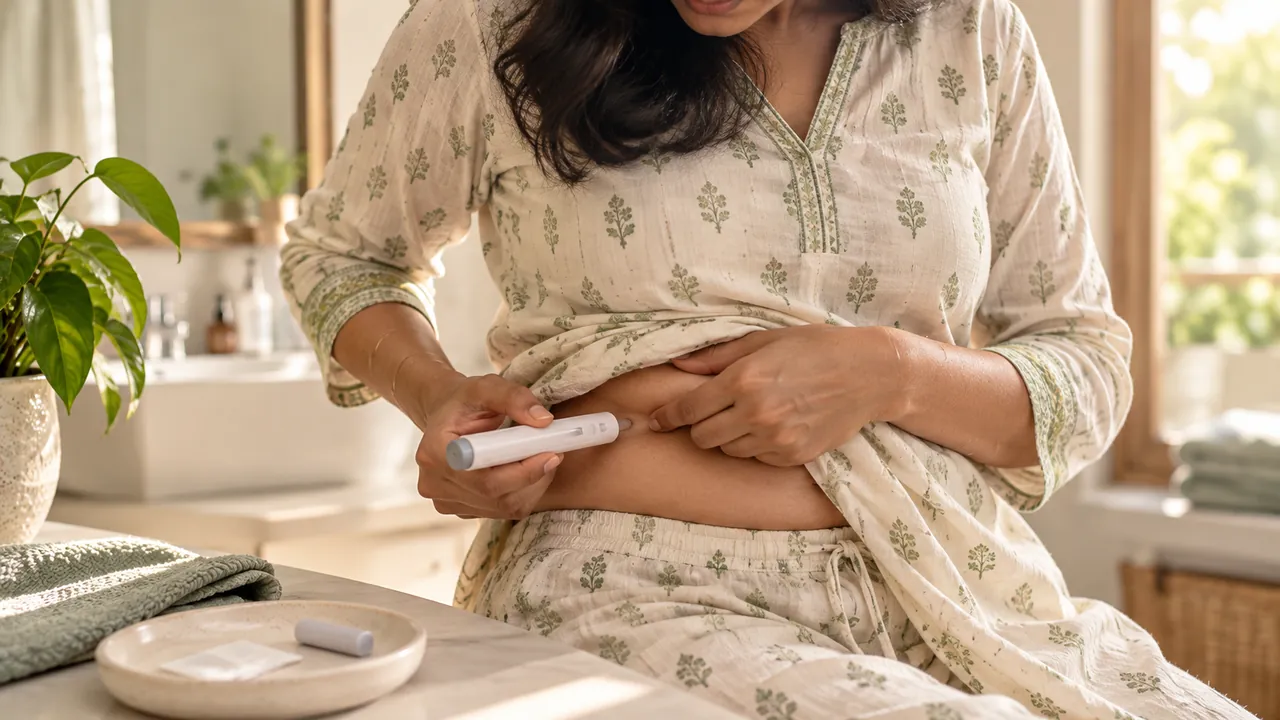 A woman at home preparing to inject a weekly pen into her abdomen
