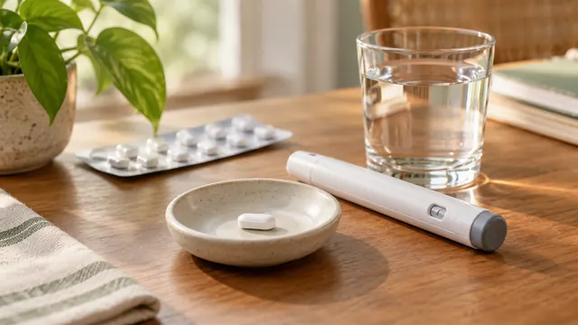 A single white tablet in a dish next to an unbranded weekly injector pen on a wooden table