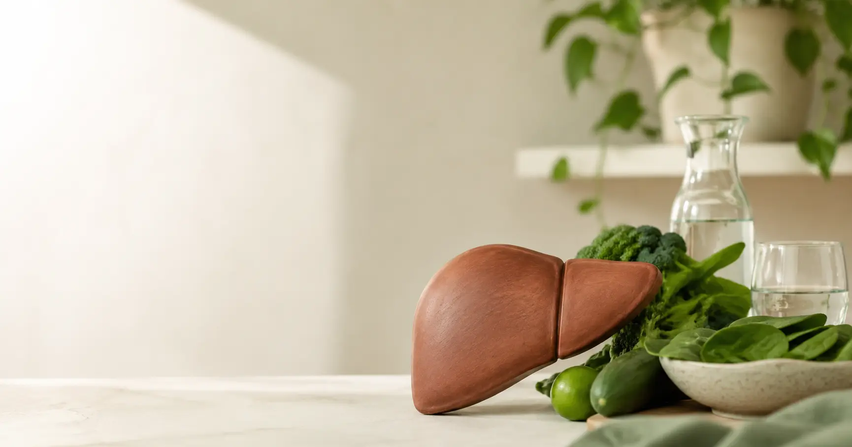 A calm wellness still life with fresh green vegetables and a glass of water on a clean surface