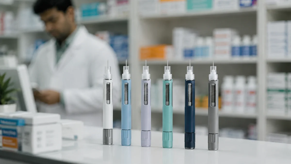 Multiple generic semaglutide injection pens from Indian manufacturers arranged on a pharmacy counter