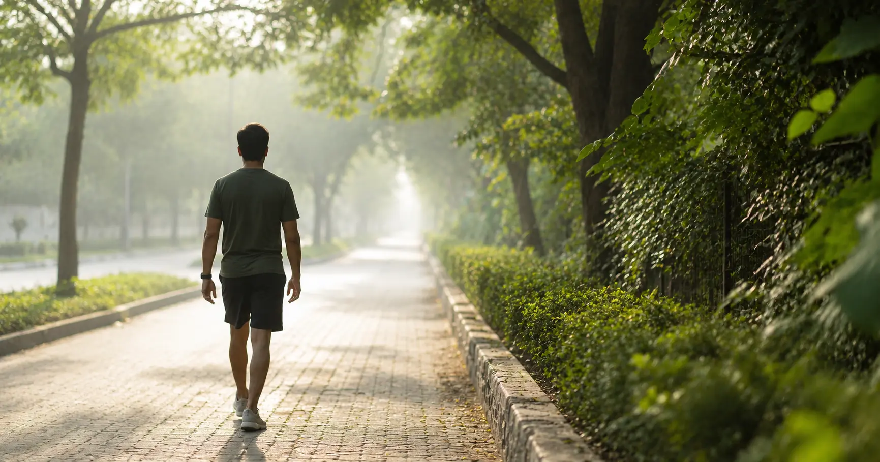 A person walking outdoors on a tree-lined path in soft morning light, seen from behind
